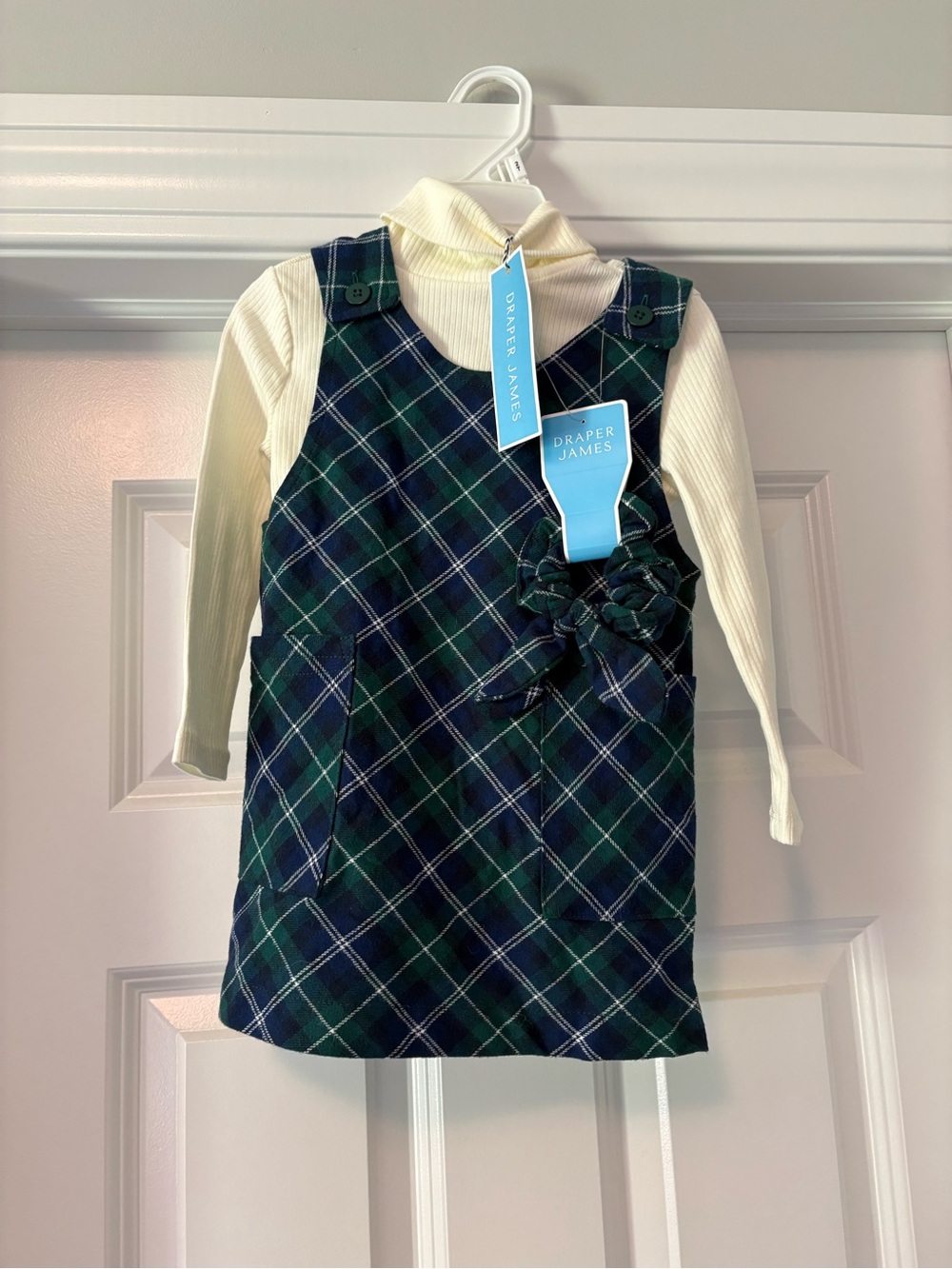 Draper James Green & Navy Plaid Pinafore with Cream Turtleneck